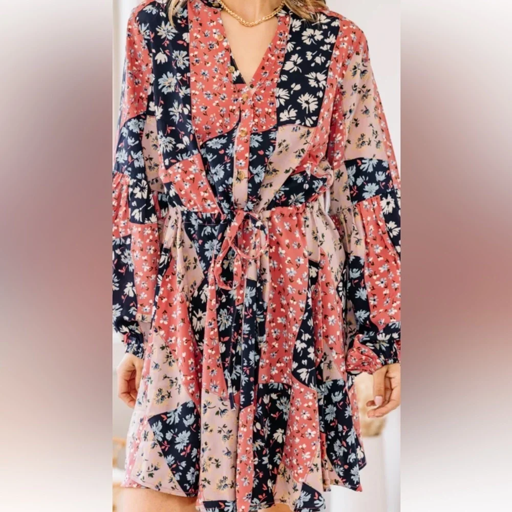 Kori Boho Patchwork Floral Lantern Sleeve Dress | Size L | NWOT | Est. $50 MSRP - Picture 3 of 4